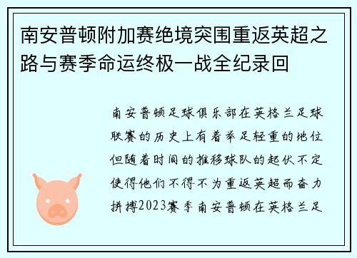 南安普顿附加赛绝境突围重返英超之路与赛季命运终极一战全纪录回 南安普顿附加赛绝境突围重返英超之路与赛季命运终极一战全纪录回