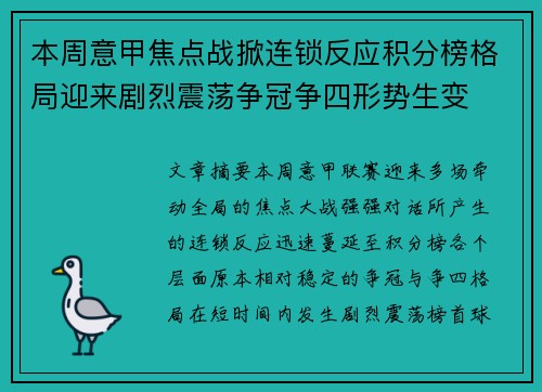 本周意甲焦点战掀连锁反应积分榜格局迎来剧烈震荡争冠争四形势生变